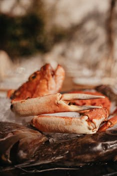 Close-up of fresh crab on ice, exuding a rustic and natural ambiance.