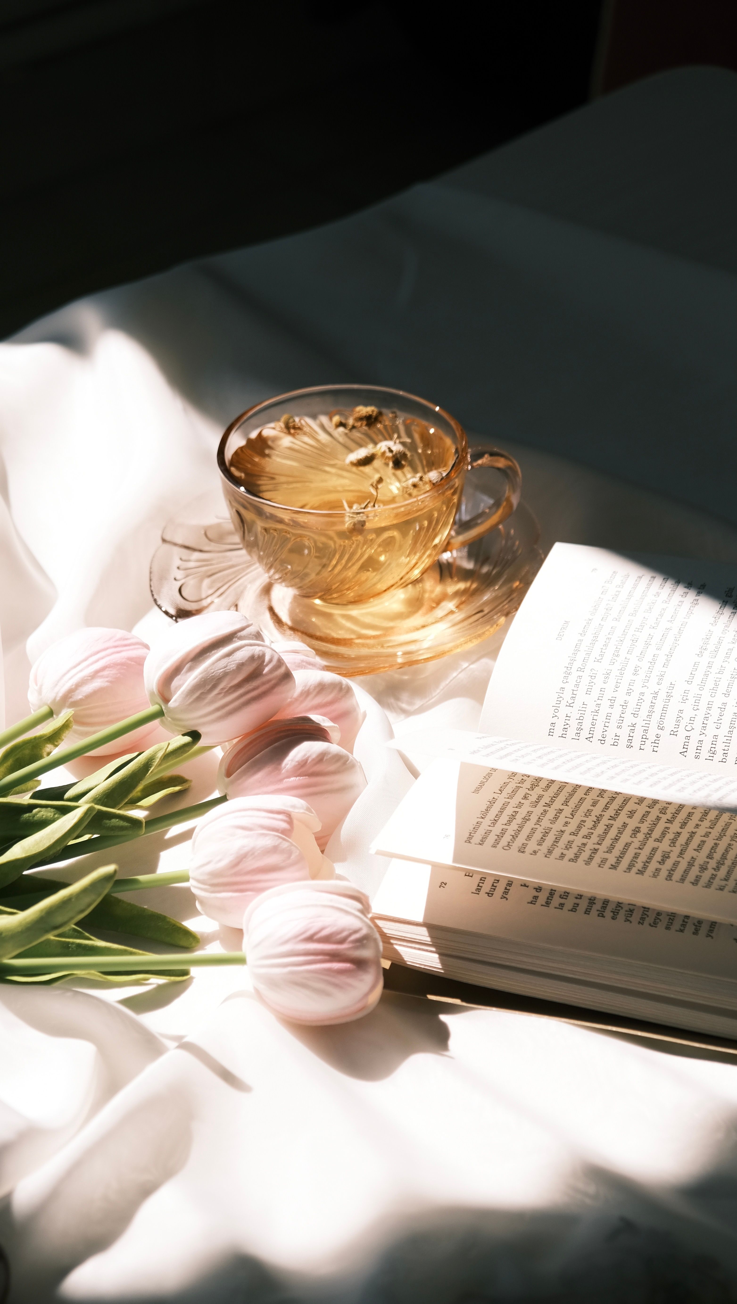 Bright tea tulips and book creating a warm five minute stillness reset