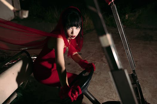 Dramatic portrait of a woman in red attire posing enigmatically at night.
