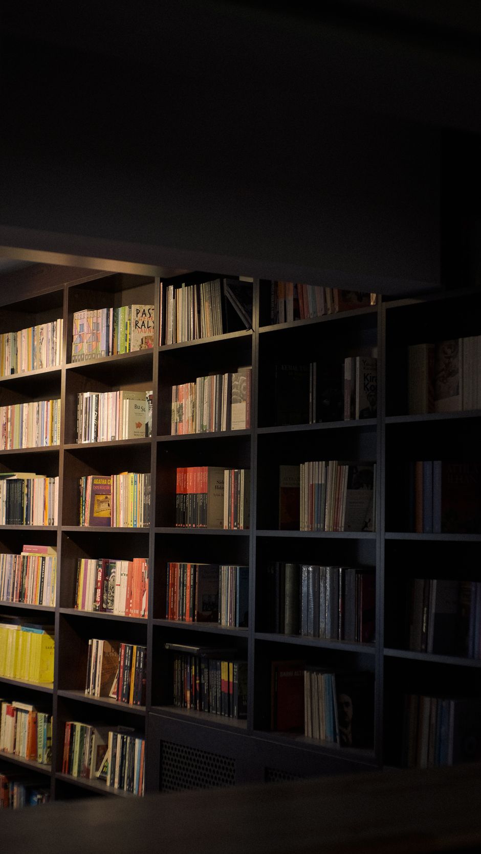 A dimly lit library shelf — photo by Sila Onorevole on Pexels