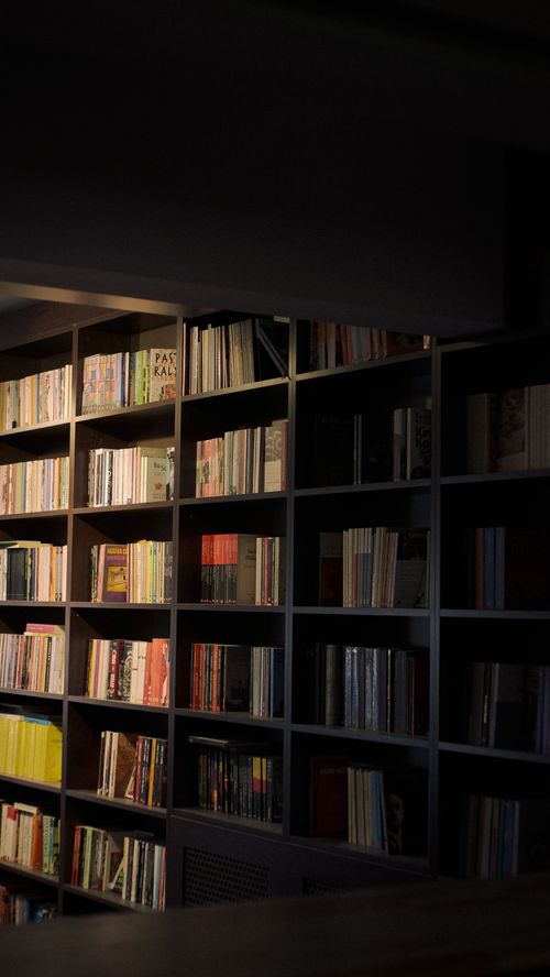 Free Dimly lit library bookshelf filled with various books creating a cozy atmosphere. Stock Photo