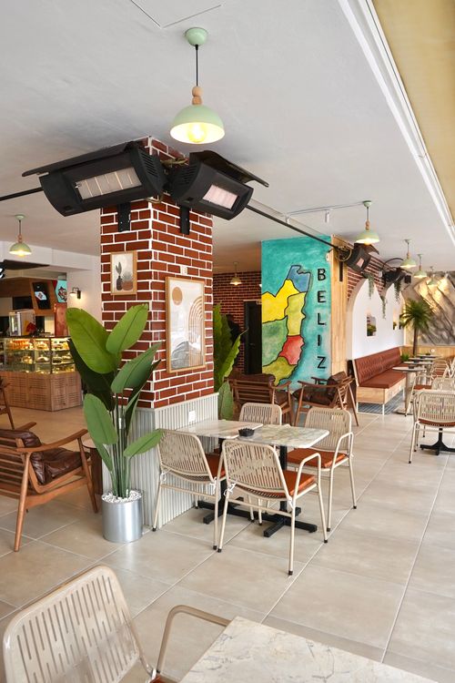 Free Bright and modern café interior with tropical plants and colorful Belize map mural. Stock Photo