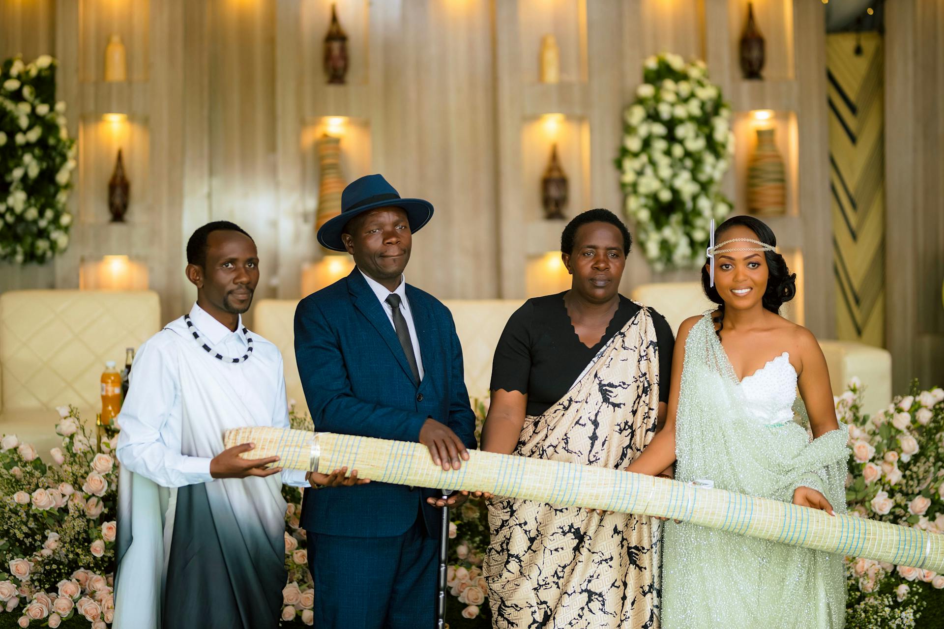 A vibrant traditional wedding ceremony with people in cultural attire, symbolizing unity and joy.