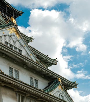 View of Osaka Castle's ornate rooftop against a bright blue sky with clouds.