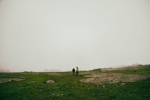 Free Two individuals walking on a foggy grassland, creating a serene and mysterious setting. Stock Photo