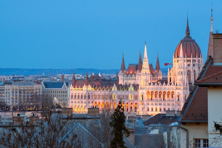 A stunning view of the Hungarian Parliament Building in Budapest captured at sunset