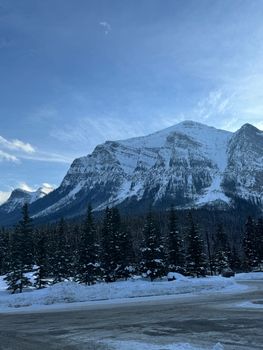 Snow-covered peaks of Lake Louise in winter, Alberta, Canada.