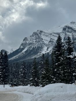 Snow-covered peaks and trees in winter at Lake Louise, Alberta, Canada.