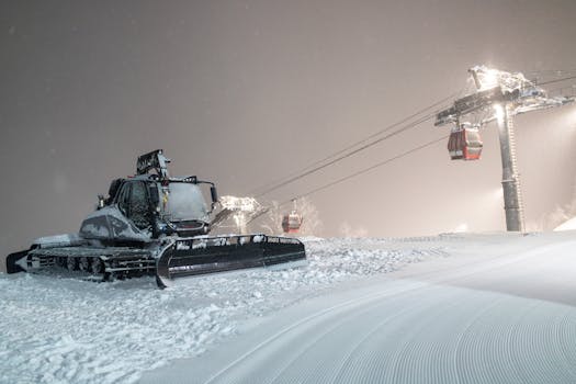 A snowcat working under night lights on a snowy ski slope, with cable cars in the background.