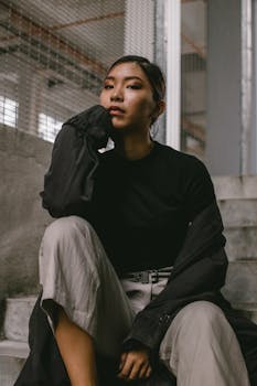 一位体贴的女子坐在工业环境的混凝土楼梯上，散发着时尚而内省的氛围