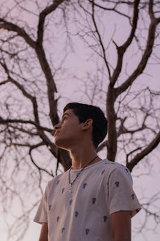 暮色中，一个穿着白衬衫的年轻人若有所思地凝视着一棵光秃秃的树
