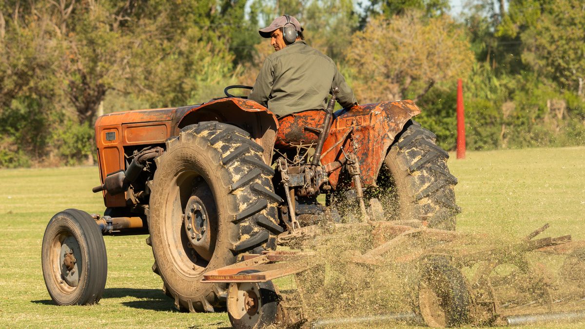 A farmer driving an old orange tractor across a mown field
