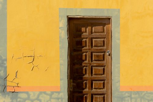 Free A textured wooden door set against a vibrant yellow wall with visible cracks, evoking rustic charm. Stock Photo
