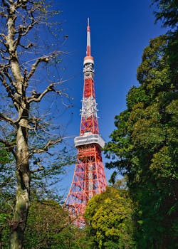 Vibrant view of Tokyo Tower surrounded by trees on a clear day, Tokyo, Japan.