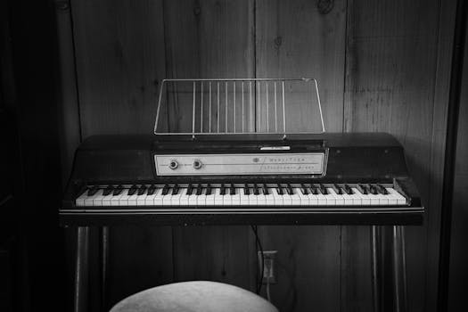 Vintage Wurlitzer electronic piano in black and white, evokes nostalgia with classic design.
