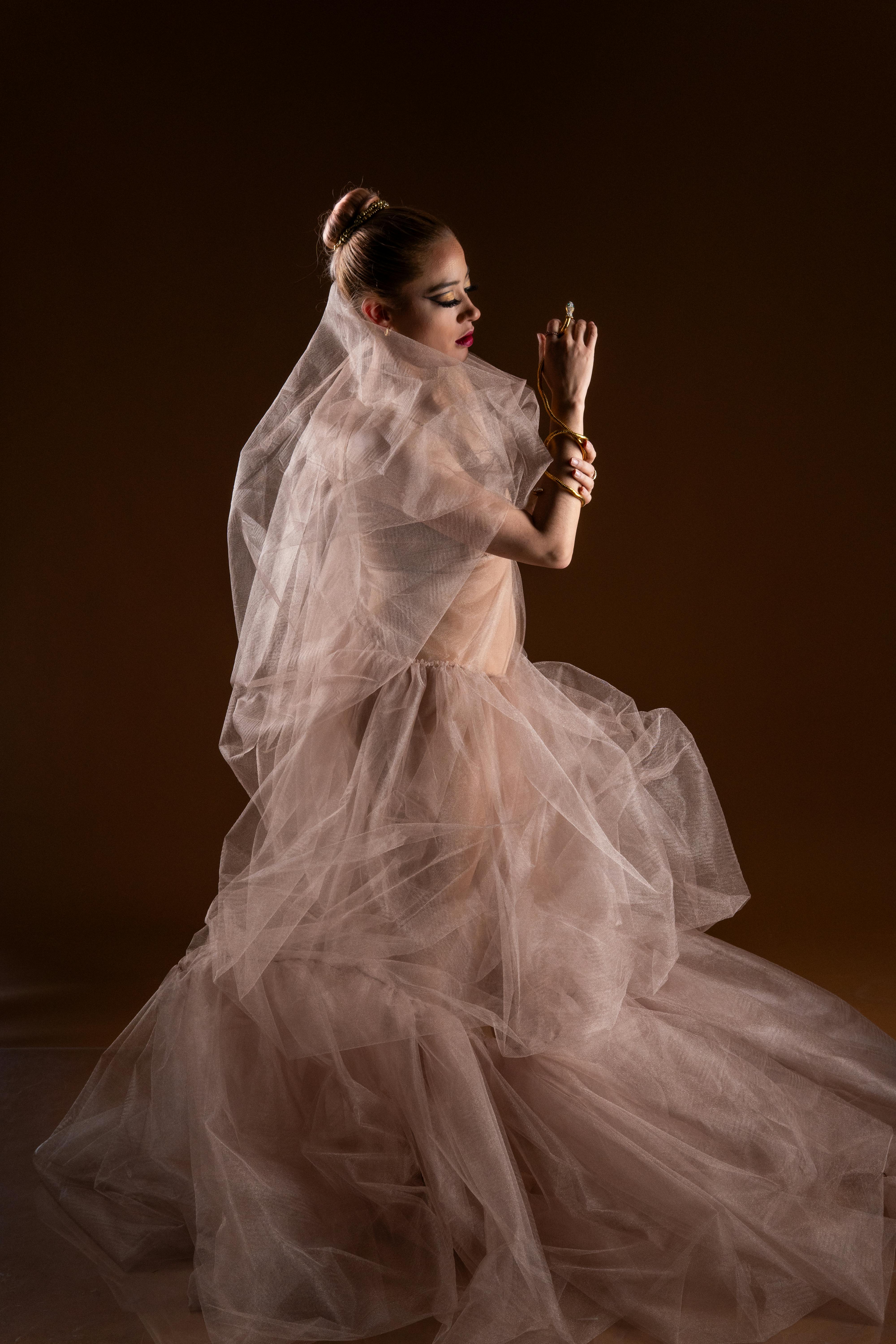 A contemporary dancer poses gracefully in a mocha colored, transparent gown, exuding elegance.