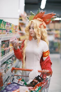 Woman in cosplay outfit shopping for instant noodles in a supermarket aisle.