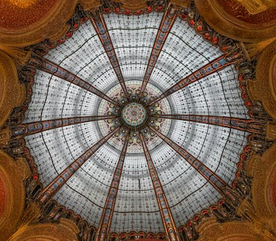 A stunning stained glass dome showcasing intricate patterns and vibrant colors in Paris, France.