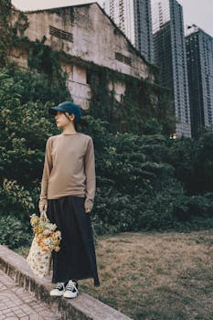 Woman in casual outfit holding flowers, standing by urban greenery.