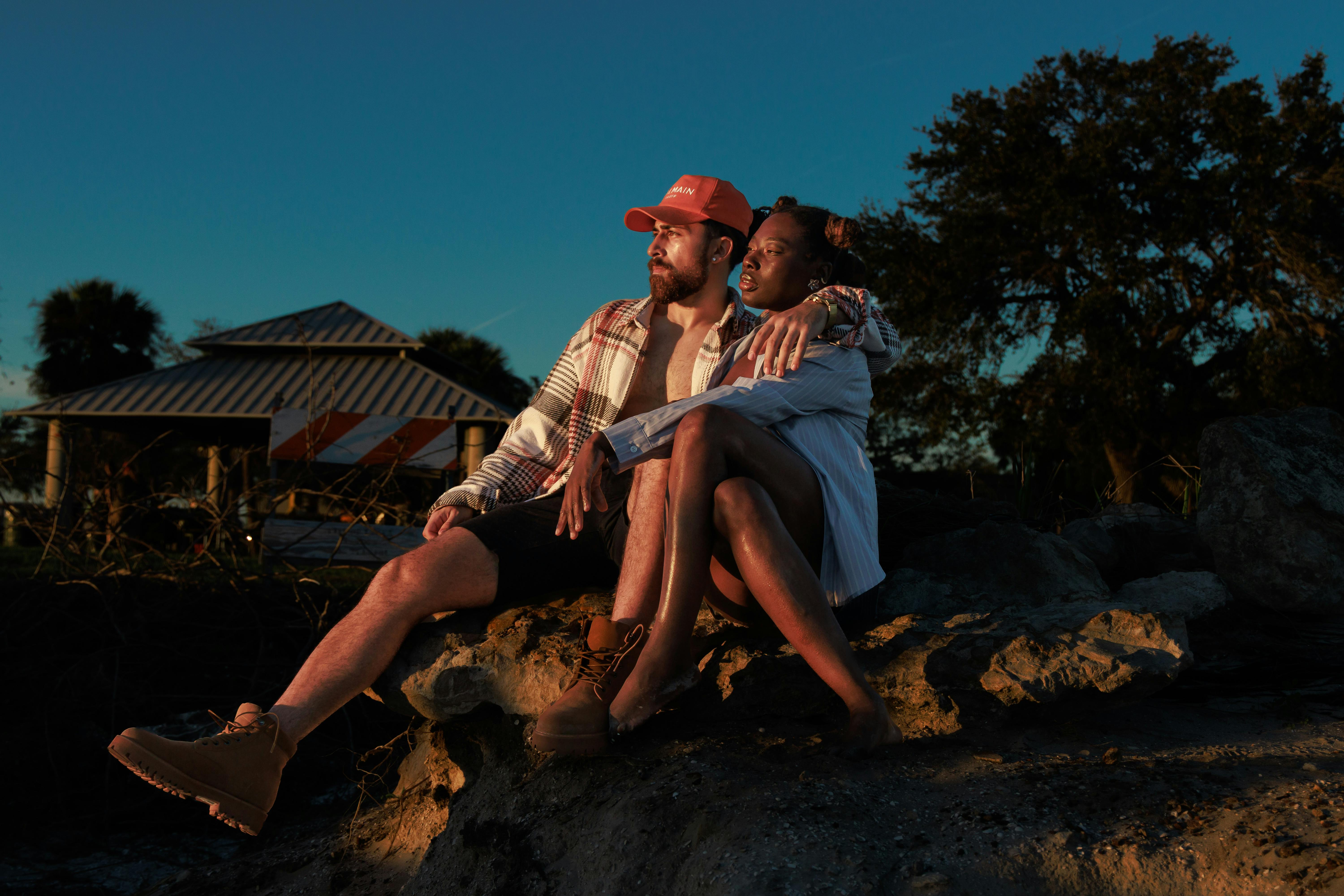 romantic sunset couple at beachfront location