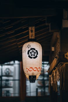 A traditional Japanese lantern hanging in a Kyoto temple, capturing the essence of Japanese architecture.