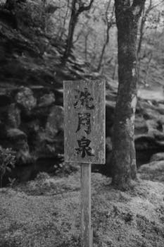 Black and white image of a sign in a peaceful Kyoto forest.