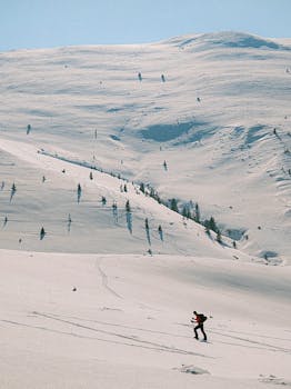 A skier makes their way down a snow-covered mountain in this serene winter landscape.