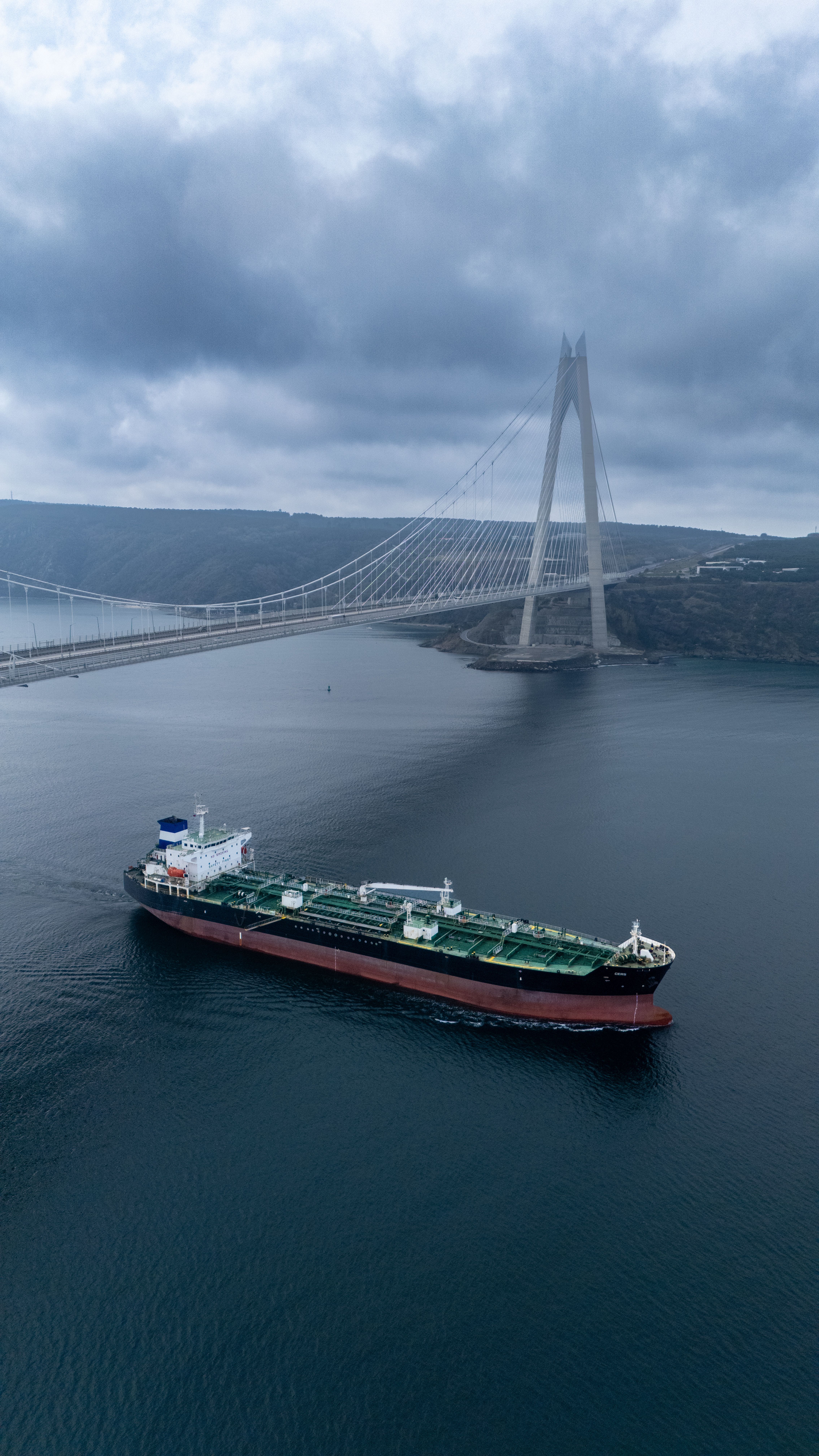 Aerial view of cargo ship under a suspension bridge on a cloudy day.