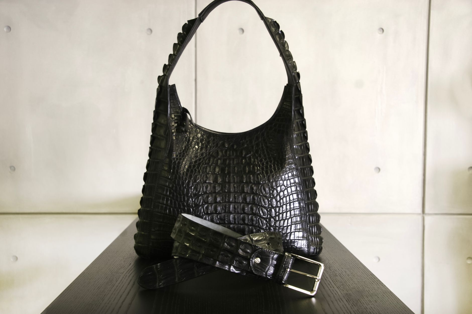 A Knight bag on a wooden side table