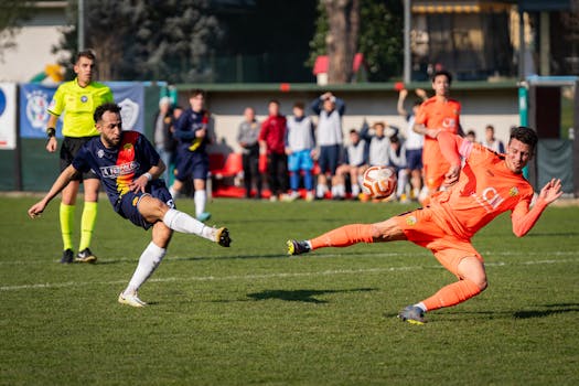 Exciting soccer action with players in mid-play during a competitive match.