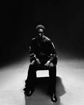 A moody black and white portrait of a seated man in dramatic lighting, exuding elegance.