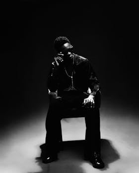 Dramatic black and white portrait of a man in fashion-forward attire sitting confidently in shadows.