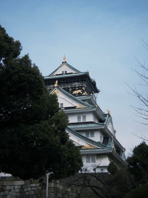 Free Capture of historic Osaka Castle surrounded by lush greenery under a clear blue sky. Stock Photo