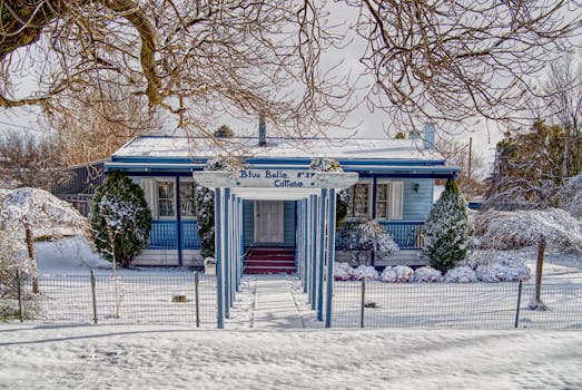 A picturesque blue cottage surrounded by snow-covered trees and shrubs.