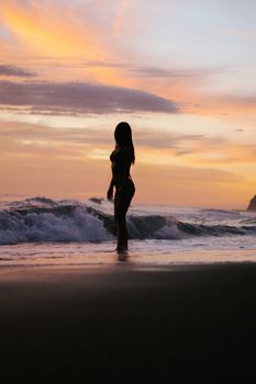 A serene silhouette of a woman standing on a beach as waves crash at sunset.