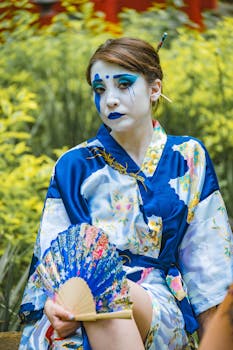 Woman in a blue kimono with vibrant makeup holding a fan.