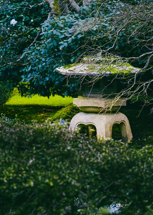 Free A serene traditional Japanese stone lantern surrounded by lush greenery, evoking a peaceful garden ambiance. Stock Photo