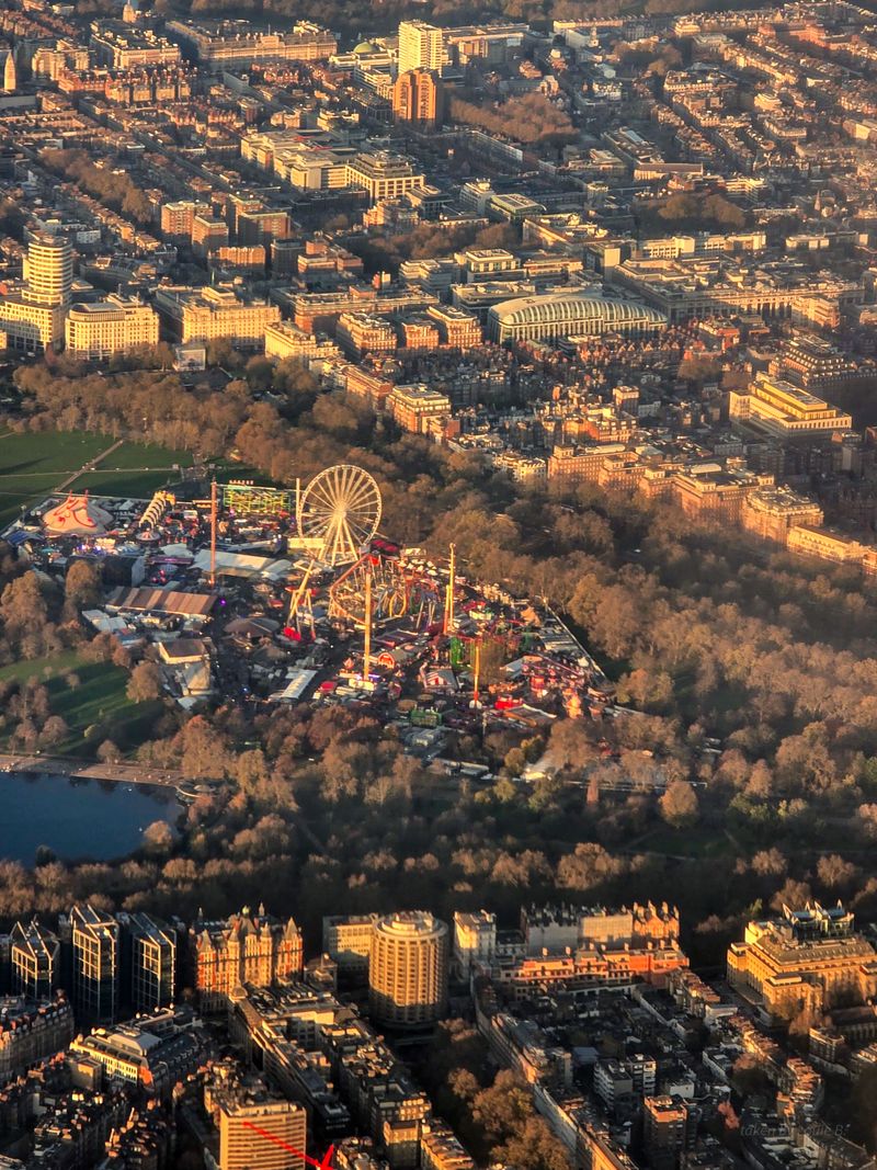 An aerial view of Hyde Park with the Winter Wonderland ferris wheel