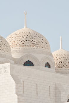 A close-up view of the intricate domes of Sultan Qaboos Grand Mosque in Muscat, Oman