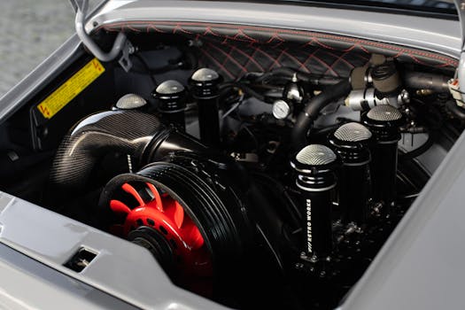 Close-up view of a high-performance engine with carbon fiber and chrome components.