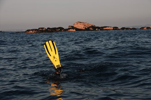 一名潜水员在岩石岛屿附近的海水中探索，长着突出的黄色鳍