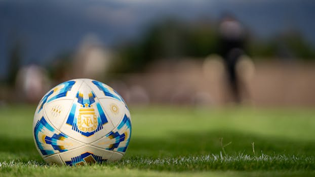 Close-up of an official Argentine soccer ball resting on a green field with a blurred background.