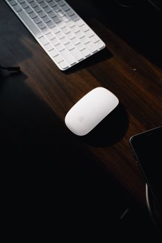 A sleek workspace featuring a wireless mouse and keyboard on a dark wooden desk, captured with natural lighting.