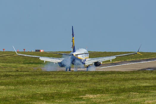 A commercial aircraft touches down on a runway at Leeds airport, UK, amidst clear skies.