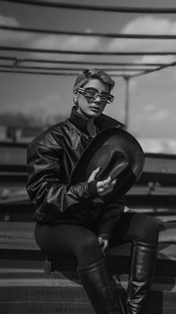 Stylish woman in leather jacket holding hat in a moody black and white setting.