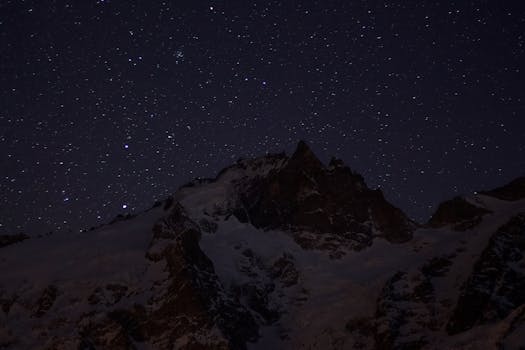 雪山星夜的壮丽景色，捕捉了冬季景观的宁静与美丽