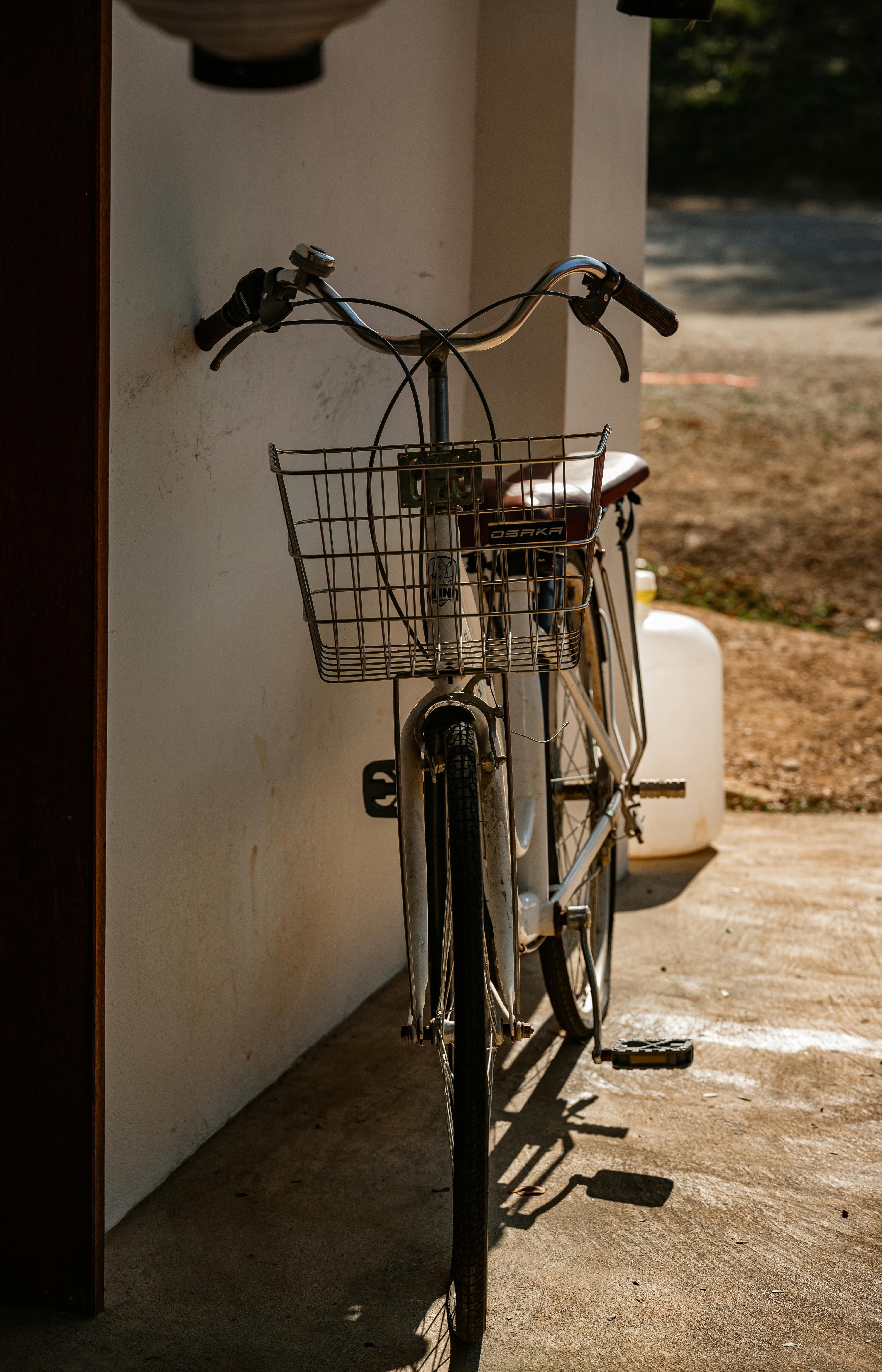 A classic bicycle with a wire basket leaning against a wall, bathed in warm sunlight.