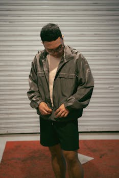 Casually dressed man in jacket and shorts stands against a shutter backdrop.