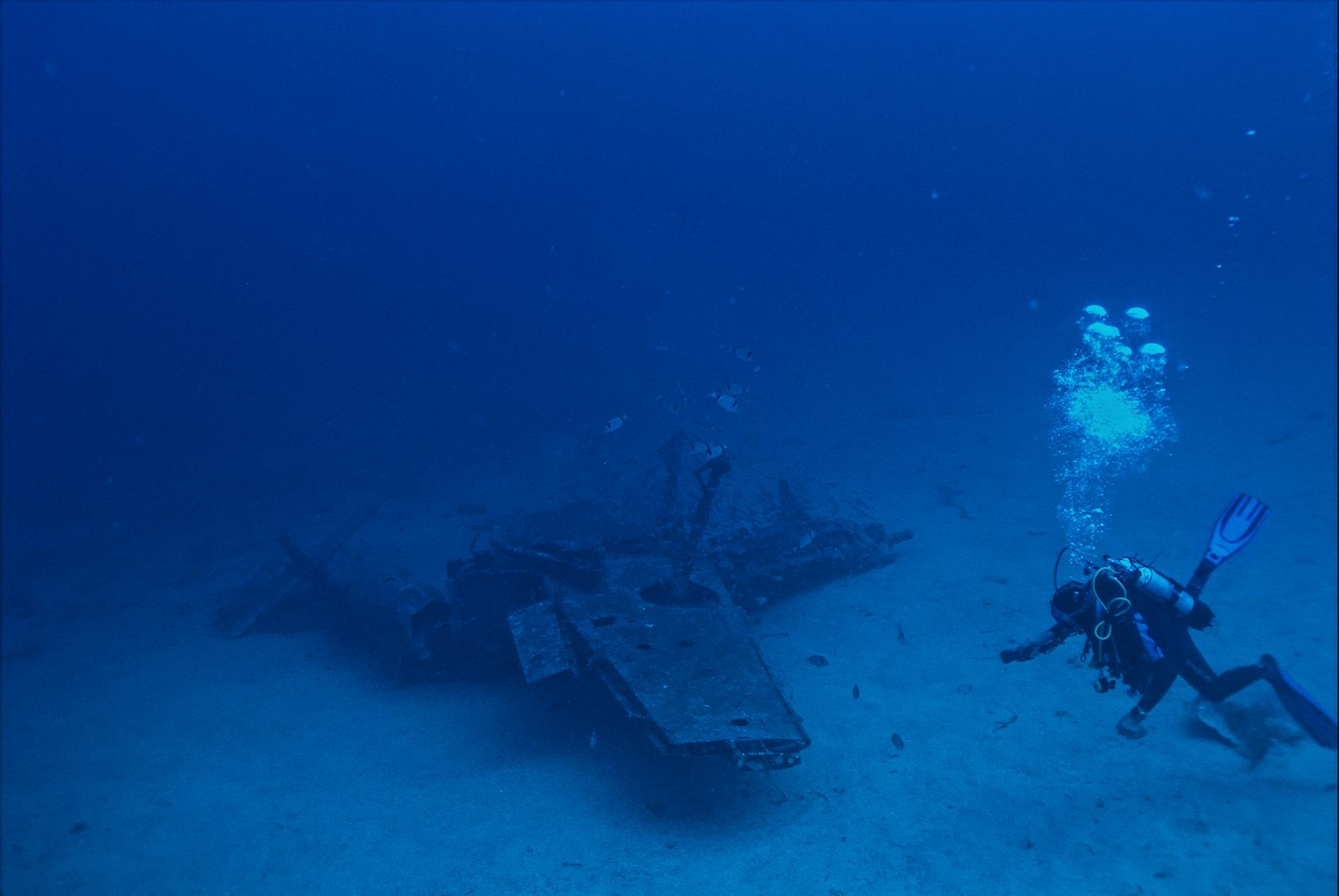 Scuba diver exploring a sunken aircraft wreck on the ocean floor.