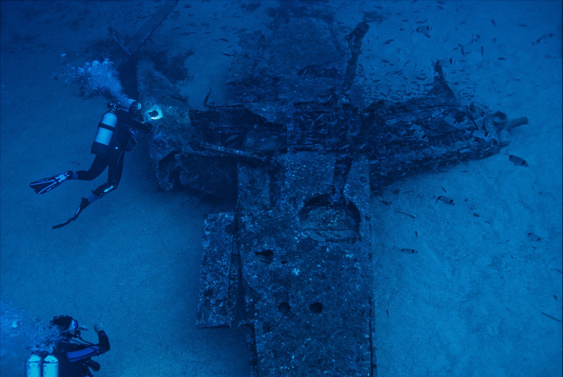 From above anonymous divers swimming and examining remains of aged sunken aircraft on bottom of blue sea